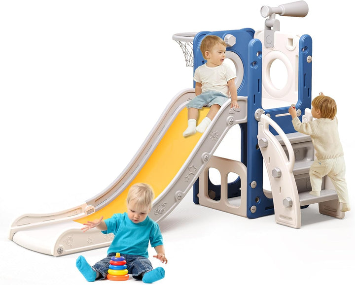 6 in 1 Toddler Playset with Slide,Toddler Slide,Slide for Kids with Basketball Hoop,Ball,Ring Toss,Kids Slide Toddler Playground Toddler Slide Indoor Outdoor Toys