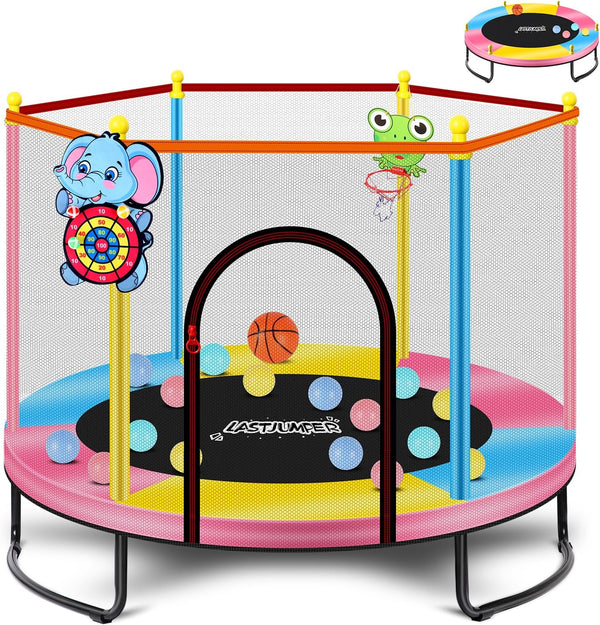 Pink Indoor Trampoline for Kids 2-5, 5Ft Mini Indoor & Outdoor Small Toddler Trampoline with Net and Basketball Hoop