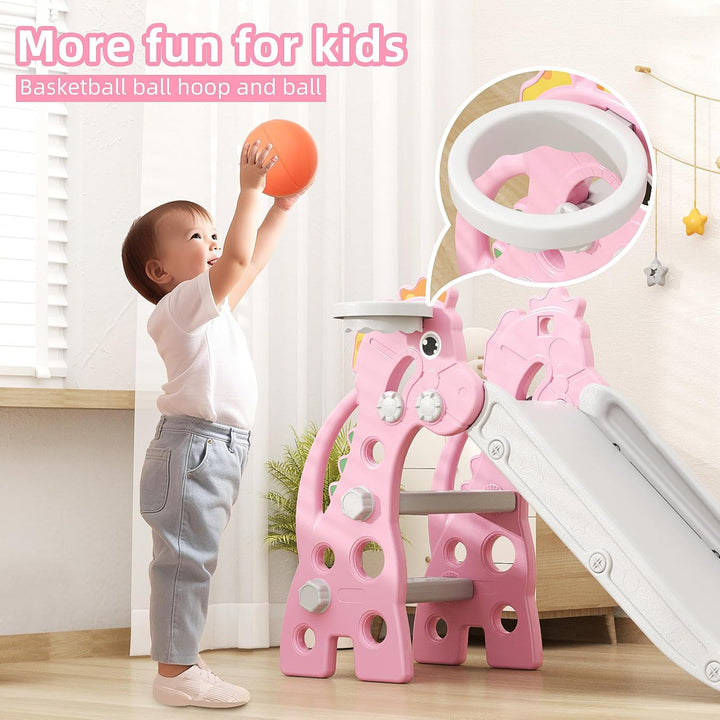 Toddler Slide for Indoor & Outdoor Play with Basketball Hoop, Anti-Slip Steps, 46.8In Baby Climber (Pink)