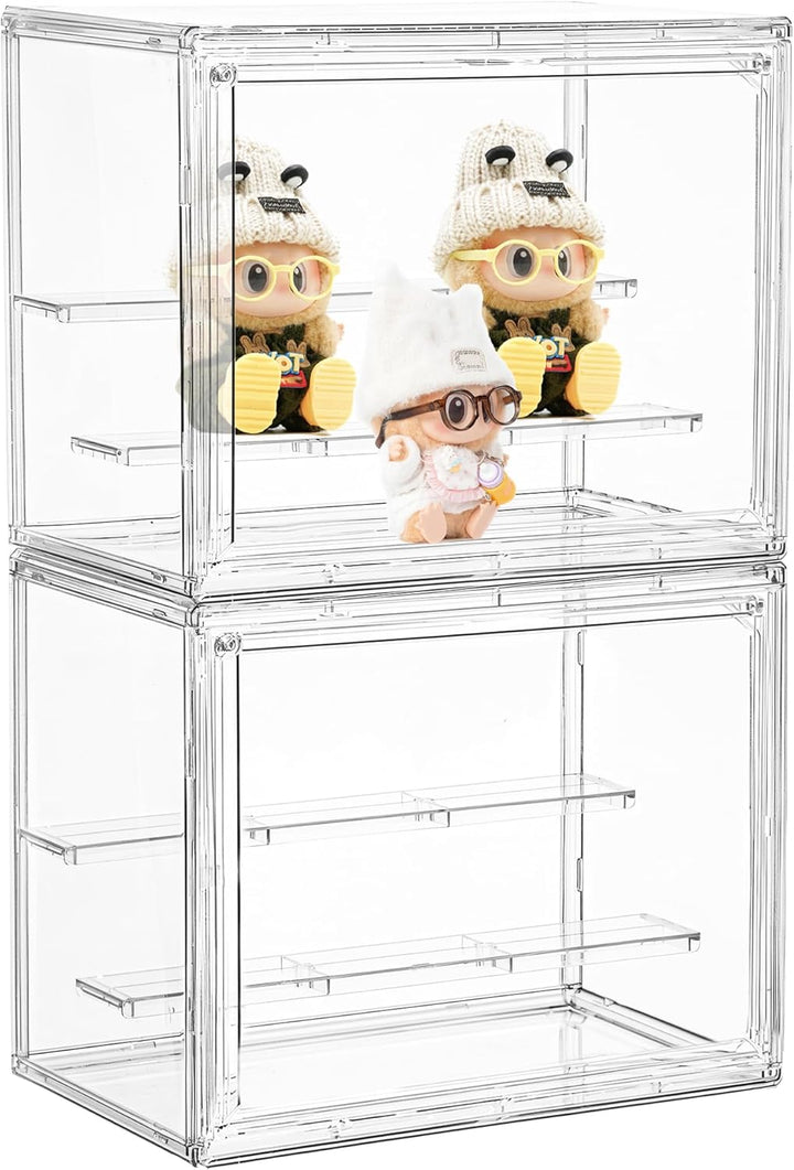 Acrylic Display Case for Collectibles 3 Layer Adjustable Figure Display Case with Magnetic Door Clear Stackable Display Box for Figures Showcase 2Pack