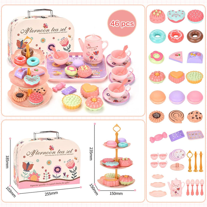 Kids Plastic Tea Party Set for Toddlers & Girls Ages 3-8 – Princess Pretend Play Kitchen Toy with Carrying Case, Teapot, Cups, Saucers, Dessert Toys & Tray | Gift for Little Girls Birthday
