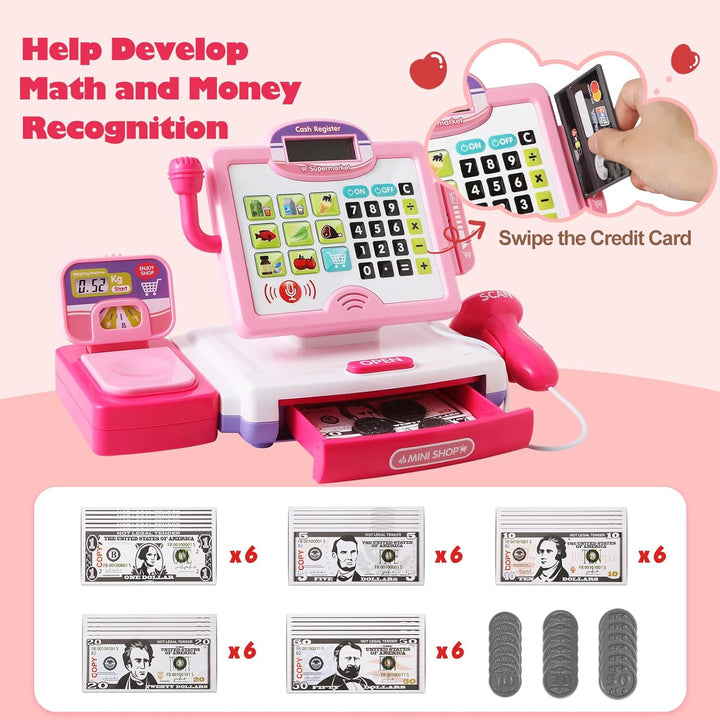 Play Calculator Cash Register Toy Gift for Kids Girls Age 3, 4, 5, 6, 7, 8+ Year Old, 57 Pcs Pink Pretend Grocery Store Playset, Incl Microphone, Credit Card, Scanner, Fake Food, Play Money for Kids