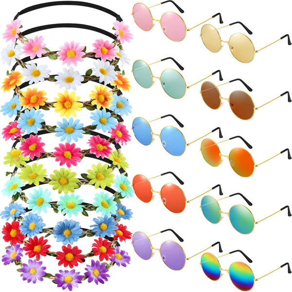 20 Pieces Hippie Headband Glasses Costume Set, Includes 10 Pieces Multicolor Daisy Flower Crown, 10 Pieces round Hippie Sunglasses for Festival