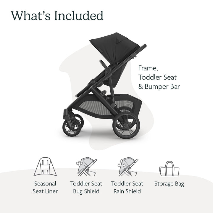 Vista V3 Stroller - Full-Size Single-To-Double Stroller System - Toddler Seat, Bug Shield, Rain Shield, and Storage Bag Included - Jake (Charcoal/Carbon Frame/Black Leather)