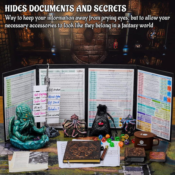 DND Dungeon Master Screen Four-Panel with Pockets, Faux Leather 3D Embossed with Cthulhu - Included DM Screen Inserts and Storage Case
