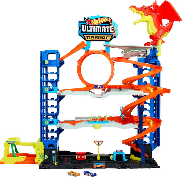 City Ultimate Garage Track Set with 2 Die-Cast Toy Cars & Car-Eating Dragon, Stores 50+ Vehicles, 4 Levels
