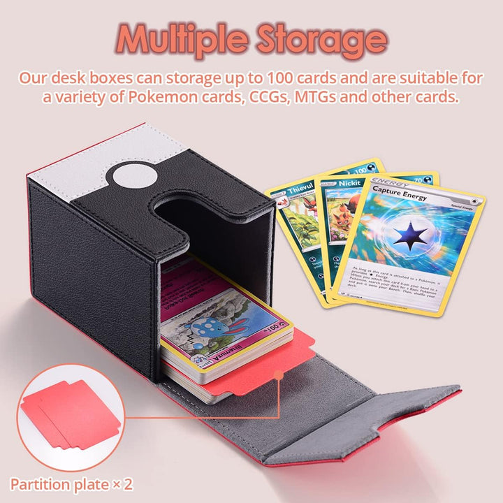 150+ Premium Deck Box Case for PTCG, MTG, Large Capacity with 2 Dividers, Fits 100+ Sleeved Cards TCG Trading Card Games(Vertical - Red & White)