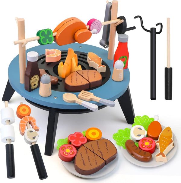 Wooden Play Barbecue Toy Gril,45Pcs Kids Grill Playset with Rotating Skewering Mode,Pretend Cooking Kitchen Playset Grill Toy Birthday Gift for Boys&Girls 3+