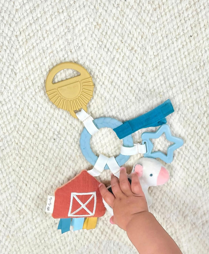 Farm Toy Gift Set - Includes Cow Lovey & Farm-Themed Busy Ring Car Seat and Stroller Toy - Features Crinkle Sounds, Engaging Textures & Silicone Teething Relief (Farm)