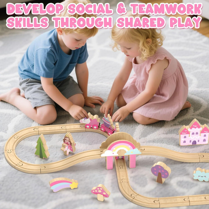 Wooden Train Set, Train Set for Toddlers 2-4, Wooden Train Track for Girls, Unicorn Toys for Girls Age 4-6, Toys for 3 4 5 6 Year Old Girl