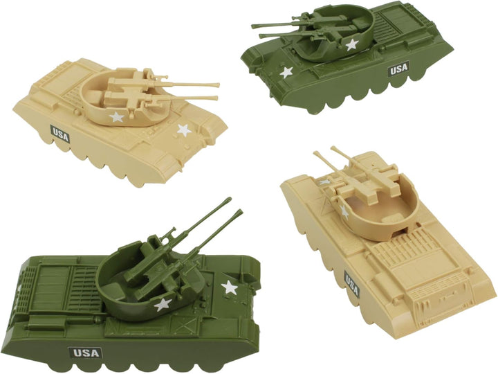 BMC Classic Payton Anti-Aircraft Tanks - 4Pc Tan Green Plastic Army Men Vehicles