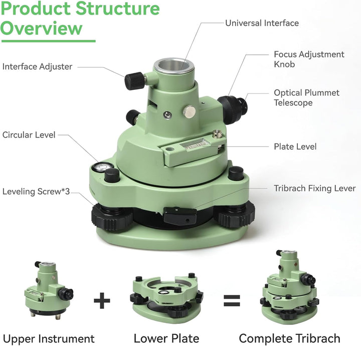 Surveying Tribrach and Adapter, Green Three-Jaw RTK Base with Optical Plummet, 5/8″ Thread for GNSS GPS RTK & Total Station Prism Optical Targeting Base