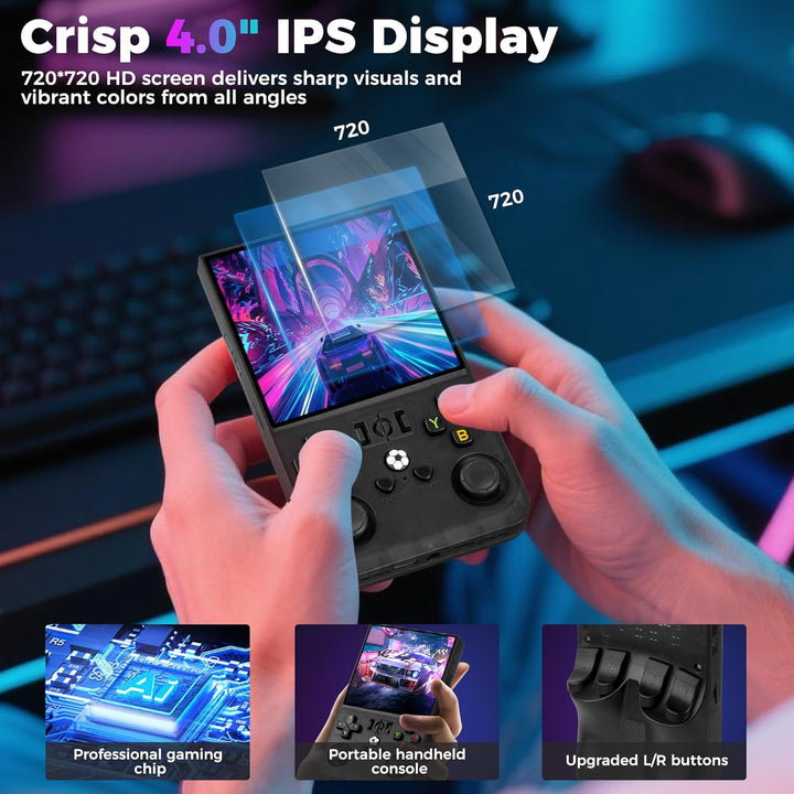 R36MAX Retro Game Console, Handheld Game Console with 4.0-In IPS HD Screen，Video Game Consoles with 64GB Memory and 18,000+ Retro Games, Portable Games Consoles with Storage Bag（Black）