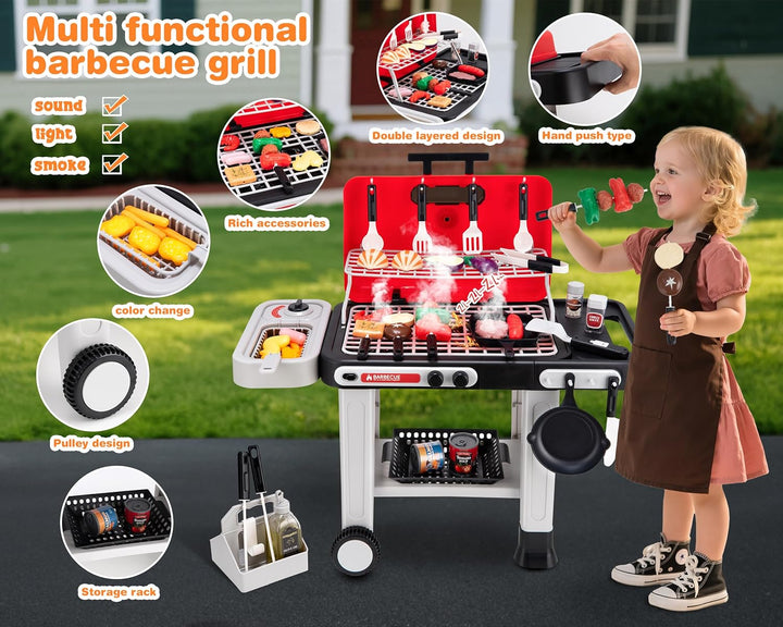 Kids BBQ Grill Kitchen Playset with Sound & Smoke, Play Toy Grill Set for Kids，Play Food Toys Cooking Set，Toy Gift for Toddler Age 3-5