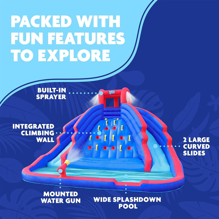 Ultra Climber Inflatable Water Slide Park – Heavy-Duty for Outdoor Fun - Climbing Wall, Two Slides & Splash Pool – Easy to Set up & Inflate with Included Air Pump & Carrying Case