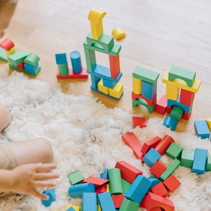 Wooden Building Blocks Set - 100 Blocks in 4 Colors and 9 Shapes - FSC Certified