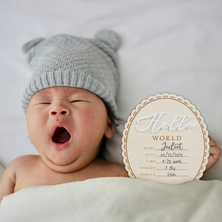 Baby Announcement Sign 6.5 Inch Wooden Hello World Newborn Welcome Sign Birth Baby Name Plaques for Photo Props Baby Shower Hospital Nursery (BOW CUT)