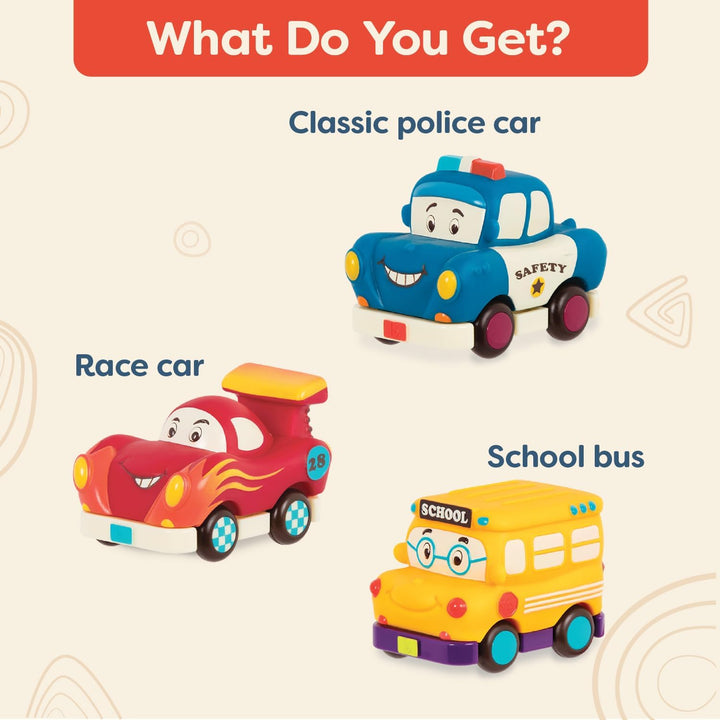 – Mini Wheeee – Ls! – 3 Pieces Mini Pull – Back Vehicles Set, Bus & Cars, Multi, Hot Rod, School Bus, Police Car – 1 Year +