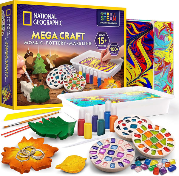 National Geographic Mega Arts and Crafts Kit for Kids – Mosaic Kit, Marbling Paint Kit & Air Dry Clay Pottery Kit – Art Projects for Kids Ages 8-12, Crafts for Girls and Boys (Amazon Exclusive)