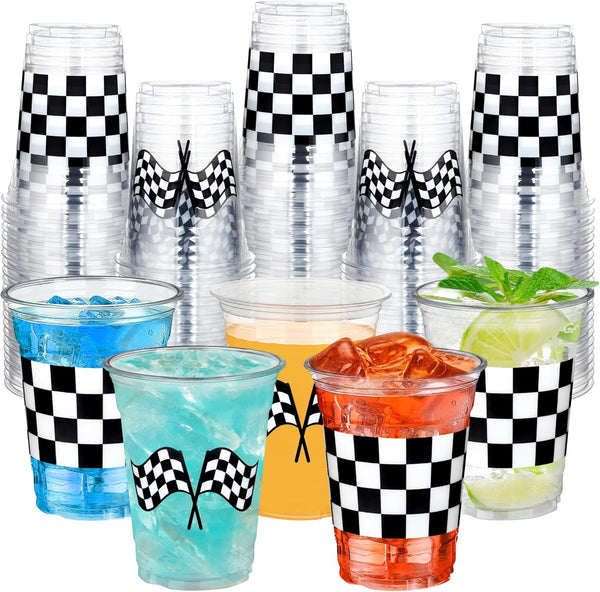 50 Pcs Checkered Racing Party Plastic Cups 16 Oz White Black Checkered Flag Clear Cup Disposable Race Car Drinking Cups for Race Car Sports Themed Birthday Party Favors Supplies