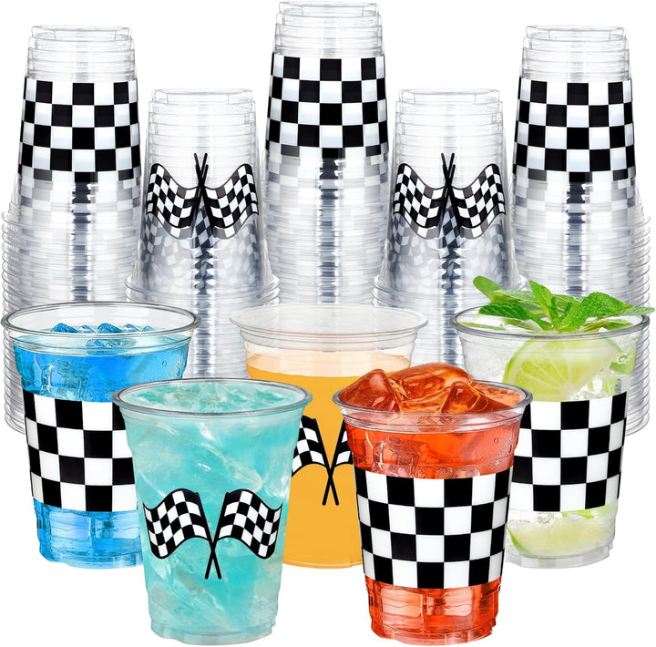 50 Pcs Checkered Racing Party Plastic Cups 16 Oz White Black Checkered Flag Clear Cup Disposable Race Car Drinking Cups for Race Car Sports Themed Birthday Party Favors Supplies
