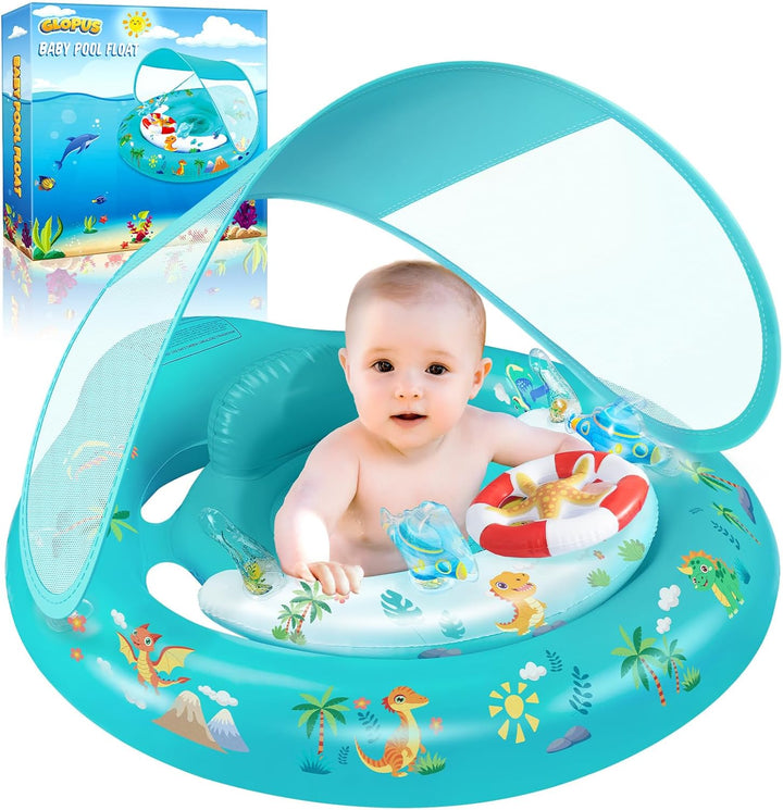 Baby Pool Float with Canopy UPF50+ Sun Protection, Inflatable Kids Pool Floats with Toy Play Console for Baby 6-36 Months, Infant Swimming Float with Adjustable Safety Seat for Boys Girls