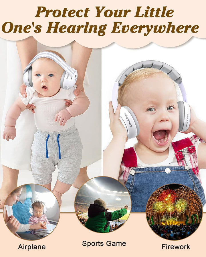 2-In-1 Baby Ear Muffs Noise Protection, Adjustable Headphones with Stretchy Band, Noise Cancelling for Toddler up to 4 Years, Airplane Essentials/Outdoor, White