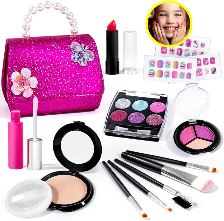 Kids Real Makeup Kit for Girls with Fluffy Purse - Real, Non Toxic, Washable Make up Toy - Umicorn Toys Gift for 3 4 5 6 7 8 Years Old Girls Birthday (Pink Umicorn)