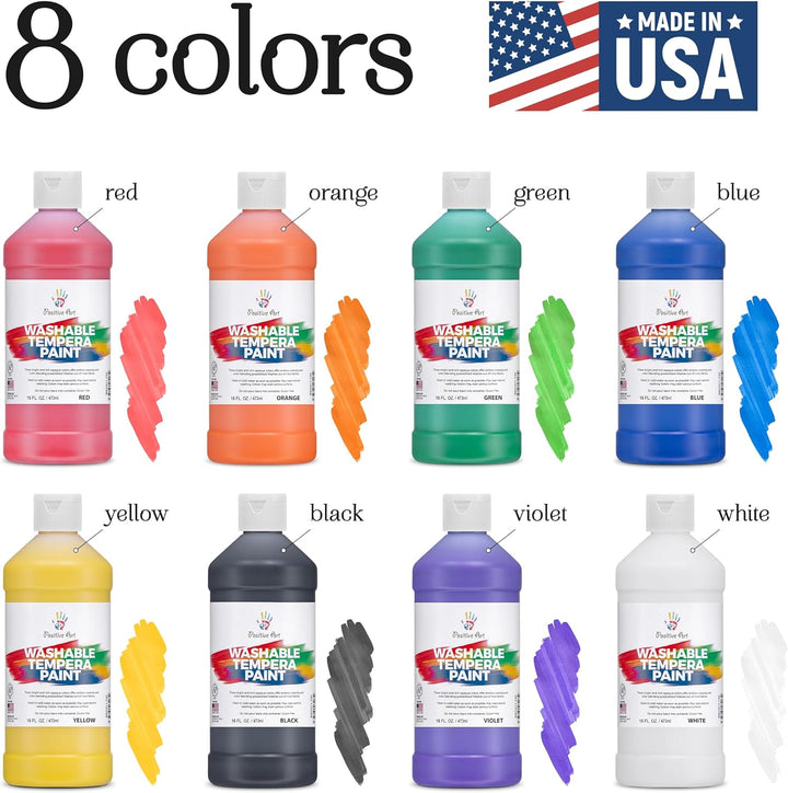 Washable Paint for Kids – (8 Colors, 16 Oz Each) Made in USA, Non-Toxic Tempera Paint Set – Bulk Classroom Paints for Students, Finger Painting, School Use – 8 Pack