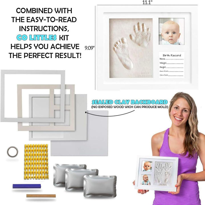 Baby Handprint & Footprint Kit (Date & Name Stamp) Clay Hand Print Picture Frame for Newborn - Best New Mom Gift - Foot Impression Photo Keepsake for Girl & Boy - White Feet Imprint Mold