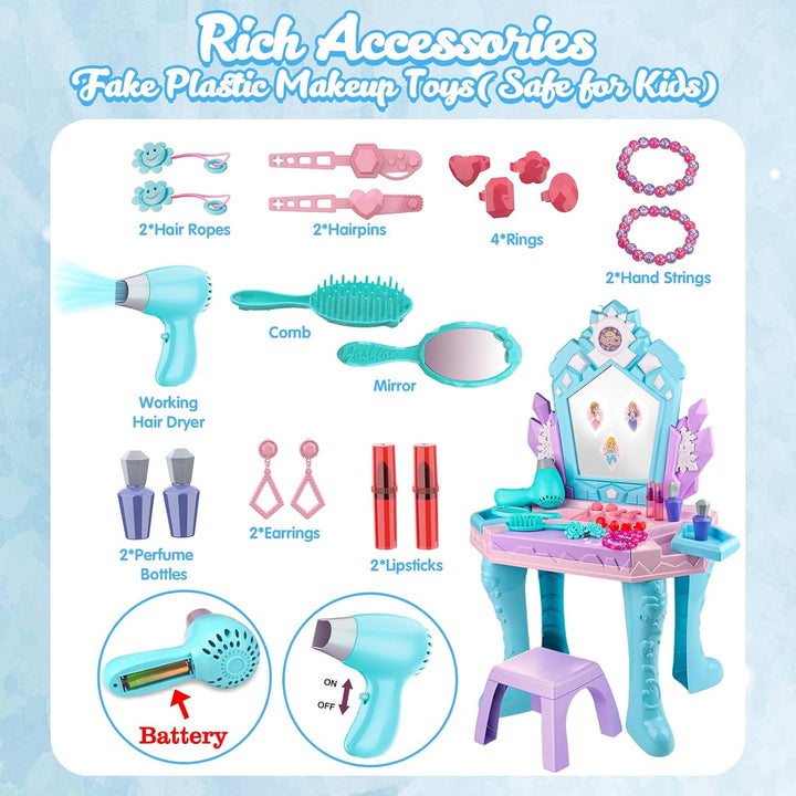 Kids Vanity Magic Makeup Table and Chair Set Girl Toys Mirror with Music Light Frozen Toys for 2 3 4 5 6 Year Old Girls Hair Salon Pretend Play Princess Dress up Playset Gift Toddler 1-3 3-5