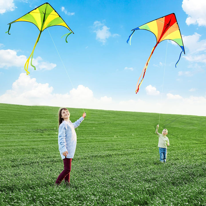 3 Packs Large Delta Kite Green, Blue and Rainbow, Easy to Fly for Kids with 262.5 Ft String, Large Delta Beach Kite for Outdoor Games and Activities