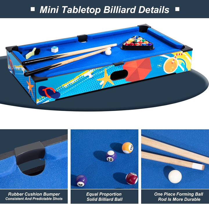 27" Mini Pool Table Set, Small Tabletop Pool Table, Portable Billiards Game Includes Small Billiards Balls, Pool Cues, Triangle Rack, Chalk, Brush for Family