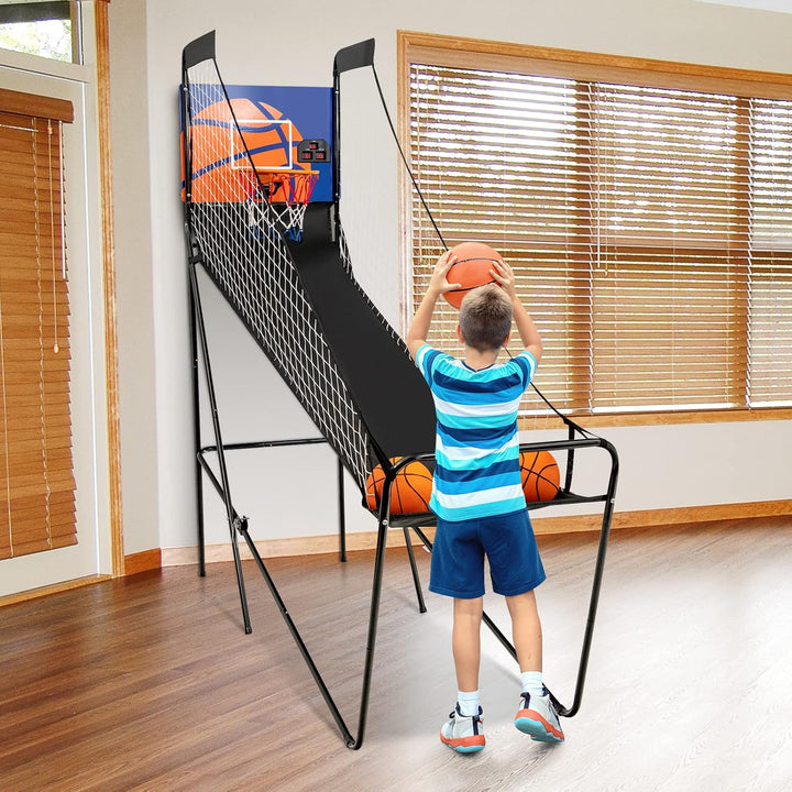 Electronic Basketball Game, Single Basketball Shootout with LED Scoreboard, 3 Basketballs & Pump, Easy Folding for Storage, Indoor Basketball Arcade Game for Kids Adults