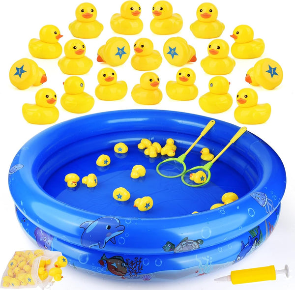 Duck Matching Game Toys for Kids - 20 Plastic Ducks with Numbers,34" X 7" Kiddie Pool | Storage Bag, 2 Nets - Fun Memory Games - Water Outdoor Game for Children,Preschoolers,Birthday Party Carnival
