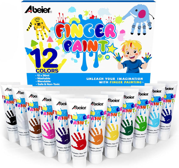 Washable Finger Paint for Toddlers, Safe Non-Toxic, 12 Vibrant Colors (1.21Fl Oz), Baby Safe Paint for Hand and Feet, Mess Free Art Supplies for Kids, Preschool Learning Gifts, Ages 1-3 4 5 6+