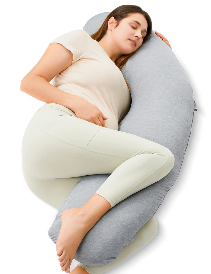 Pregnancy Pillows for Side Sleeping, J Shaped Maternity Body Pillow for Pregnancy, Soft Pregnancy Pillow with Jersey Cover for Head Neck Belly Support, Grey