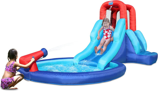 Inflatable Waterslide, Bounce House with Slide for Wet and Dry, Kids Backyard Waterpark for Summer Fun, Water Gun & Splash Pool for Age 3-6, Love for Kids, Blue