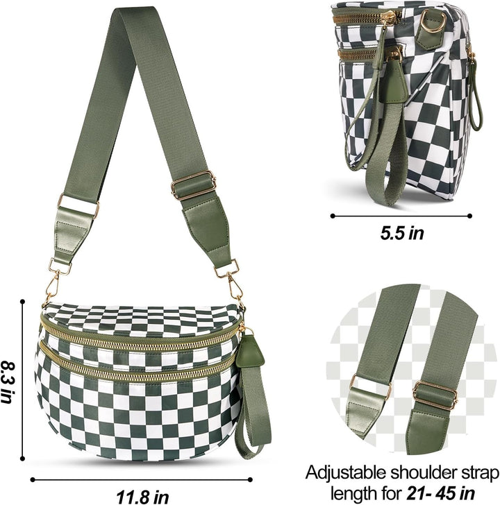 Mommy Bum Bag Crossbody, 2025 Trendy Checkered/Solid Nylon Waterproof Adjust Wide Straps Large Mom Diaper Bag