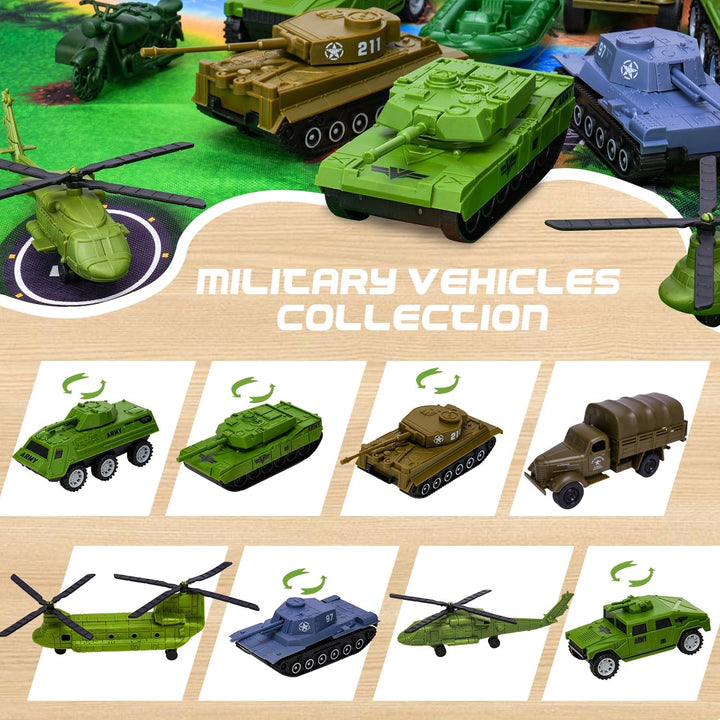 Army Men Playset with Plastic Army Men Action Figures, Military Toys with Mat, Toy Soldiers for Boys with Green Tanks, Army Toys for Boys Age 4-8-12