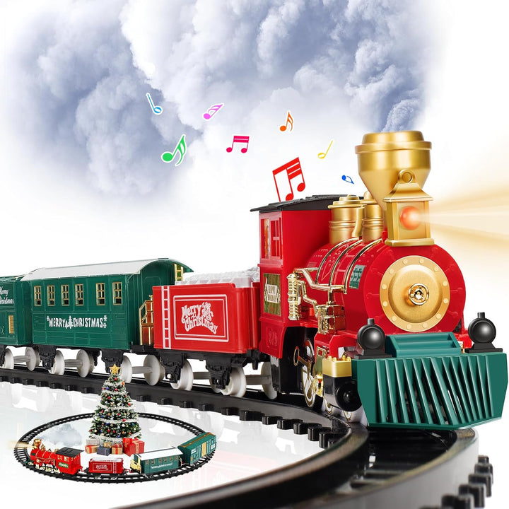 Christmas Train Set, Electric Train with Water Steam, Sounds & Lights, Model Train Set for under the Xmas Tree, Railway Kit Gifts for 3, 4, 5, 6, 7, 8+ Year Old Boy & Girl