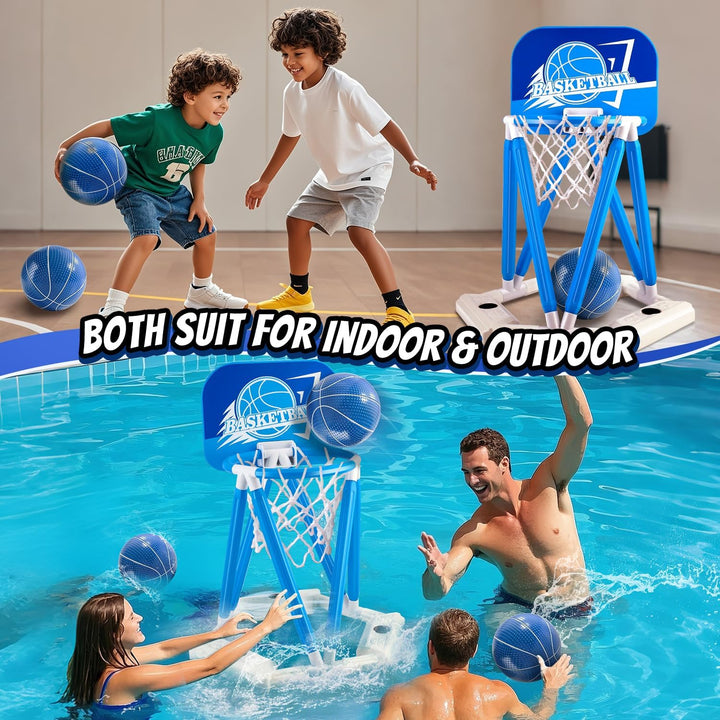 Pool Basketball Hoop, Floating Basketball Hoop Toy for Pool Water Game with 4 Basketballs Summer Swimming Pool Games for Kids 3-12 Indoor Outdoor Play (Blue)
