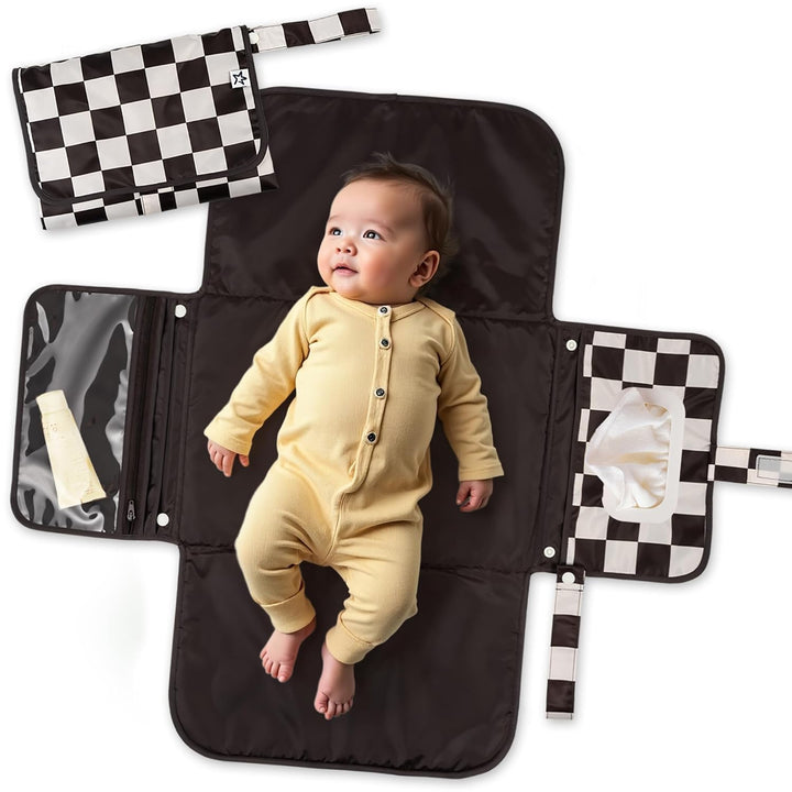 Portable Diaper Changing Pad-Foldable Waterproof Changing Mat&Portable Changing Pad for Travel,Baby Changing Station with Smart Wipes Pocket&Storage (Sage Checkers)