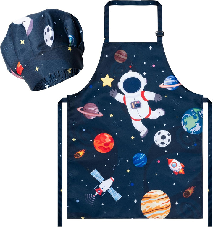 2 Pcs Kid Apron and Chef Hat Set, Adjustable Children Blue Kitchen Apron Cooking Baking Painting and Training Kits Dress up Role Play Chef Toy Kid Funny Cooking Gift New Year
