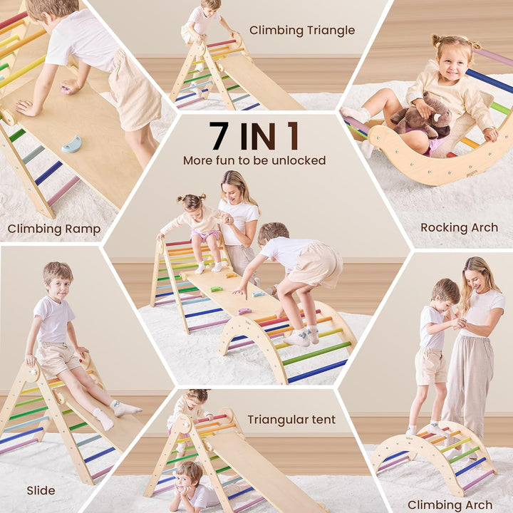 7-In-1 Climbing Toys for Toddlers 1-3 Inside, Foldable Wooden Montessori Climbing Set Indoor, Pikler Triangle Set with Arch, Ramp & Ladder - Rainbow