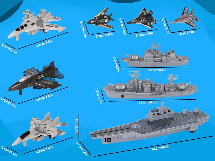 Aircraft Carrier Military Naval Ship with Pull Back Army Fighter Jet Toy Small Scale Model Plane Submarine Kids' Play Vehicle Set for Boy Girl Children