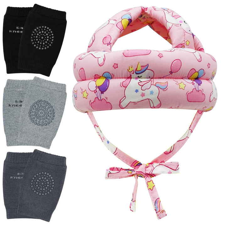 Baby Head Protector Helmet & Baby Knee Pads 3 Pairs Toddler Protector Cap Soft Cotton Cushion, Adjustable Bump-Free Safety Hood to Crawling, Walking, and Running