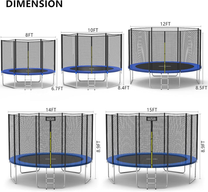 8FT 10FT 12FT 14 FT 15FT Trampoline with Safety Enclosure Net，Outdoor Trampoline with Basketball Hoop, Heavy Duty Jumping Mat and Spring Cover Padding for Kids and Adults, Storage Bag and Ladder