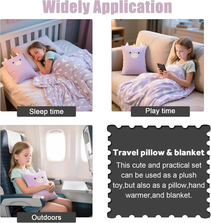 3-In-1 Kids Travel Blanket and Pillow Set, Snuggle Pillow with Hand Warmer, 40X60 Inches Unicorn Blanket for Girls Compact, Perfect for Travel, Camping, Home and Office