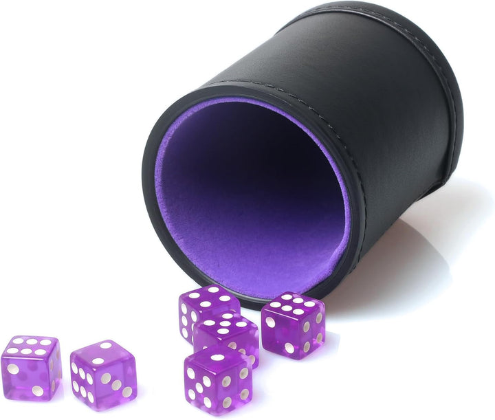 Felt Lined PU Leather Dice Cup Set with 6 Dot Dices (Black, Pack of 1)
